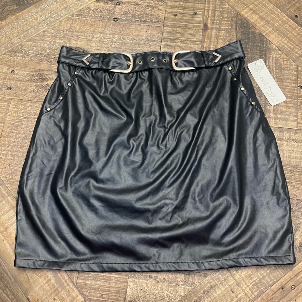 Flying Tomato Black Faux Leather Mini Skirt Western Buckle Detail NWT